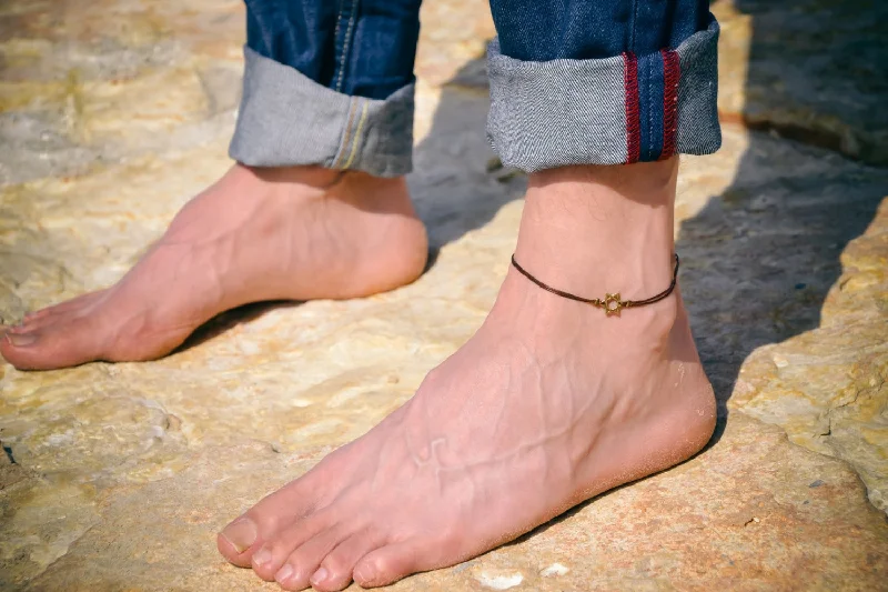 Men's anklet with bronze Star of David, brown cord, Jewish gift for man