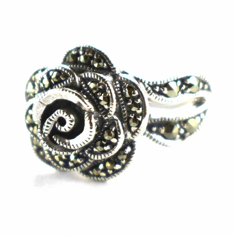 Rose silver ring with marcasite & silver oxidize