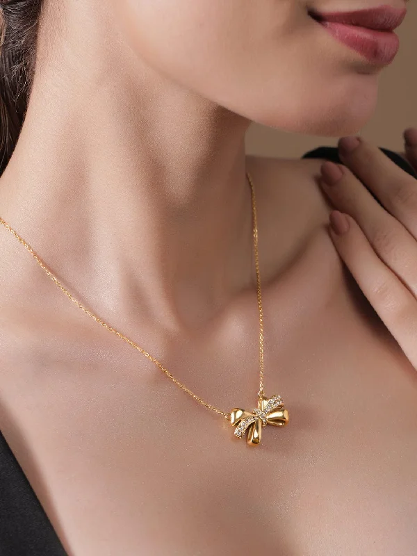 18KT Gold Plated Stainless Steel Tarnish-Free Waterproof Bow Pendant Necklace