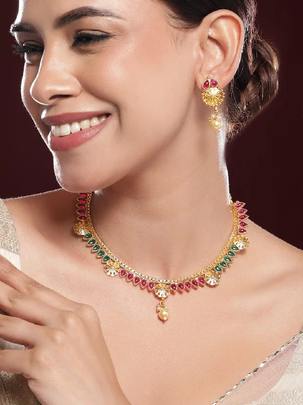 Rubans 24K Gold-Plated Ruby Red & Emerald Green Kundan Studded Necklace Set with Pearl Drops