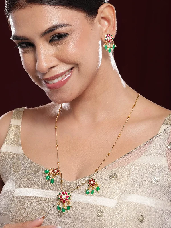 Rubans 22K Gold-Plated Pink & Green Kundan Stone Long Necklace Set with Earrings