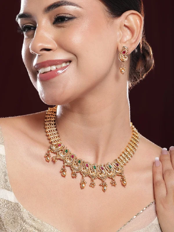 Rubans 22K Gold-Plated Ruby & Emerald Stone Handcrafted Necklace Set with Traditional Paisley Motif