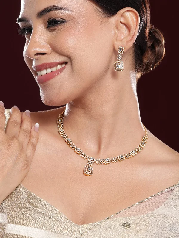 Rubans 22K Gold-Plated AD & White Cubic Zirconia Studded Necklace Set with Geometric Design