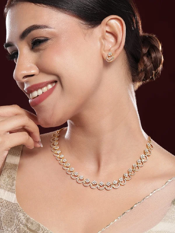 Rubans 22K Gold-Plated White Cubic Zirconia Studded Elegant Necklace Set with Matching Earrings