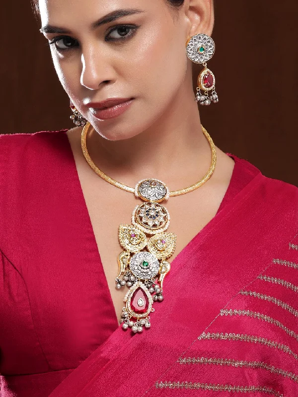 Rubans 22K Gold-Plated Oxidised Statement Necklace Set with Ruby Red  & Green Stones & Oxidised Silver Beads